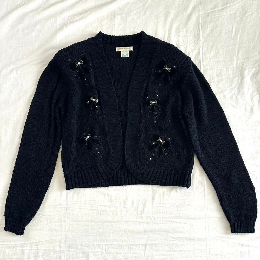 VTG 90s Jamie Scott Black Embellished Velvet‎ Bows Cardigan Sz S Coquette Preppy